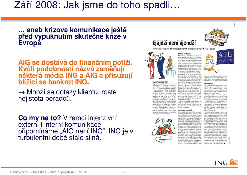 Kvůli podobnosti názvů zaměň ěňují některá média ING a AIG a přisuzují blížící se bankrot ING.