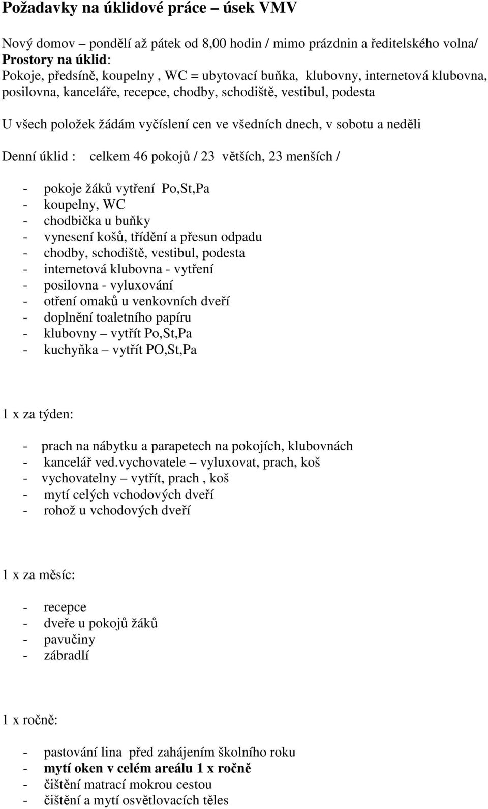 větších, 23 menších / - pokoje žáků vytření Po,St,Pa - koupelny, WC - chodbička u buňky - vynesení košů, třídění a přesun odpadu - chodby, schodiště, vestibul, podesta - internetová klubovna -