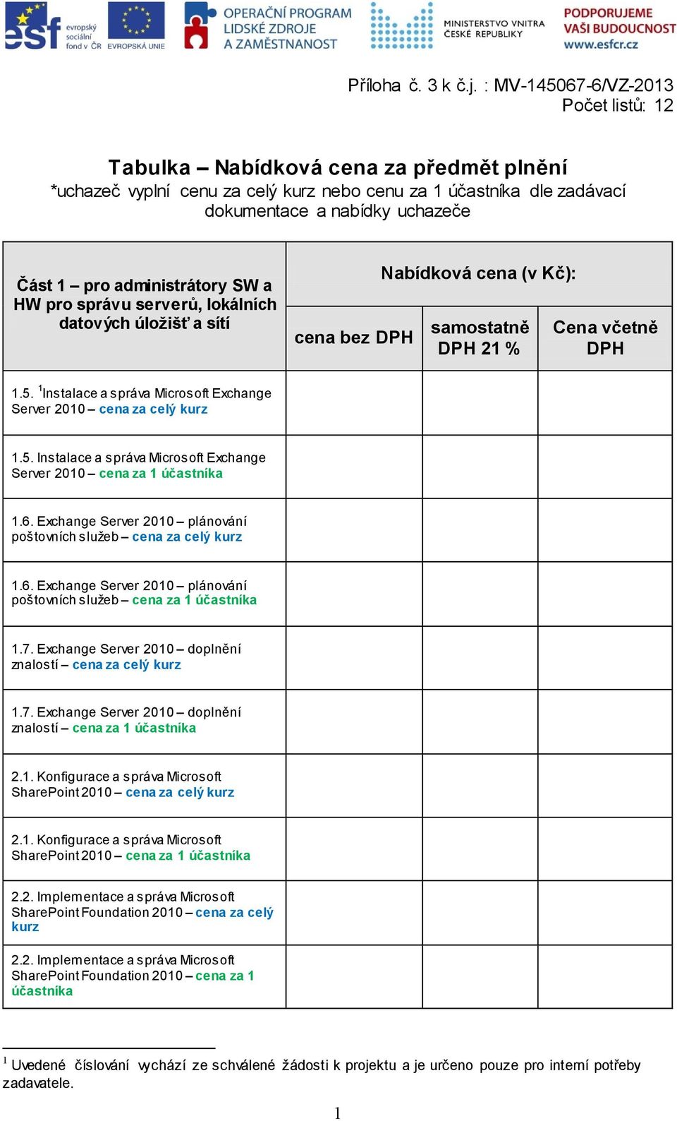 HW pro správu serverů, lokálních datových úložišť a sítí cena bez DPH Nabídková cena (v Kč): samostatně DPH 21 % Cena včetně DPH 1.5. 1 Instalace a správa Microsoft Exchange Server 2010 1.5. Instalace a správa Microsoft Exchange Server 2010 cena za 1 1.