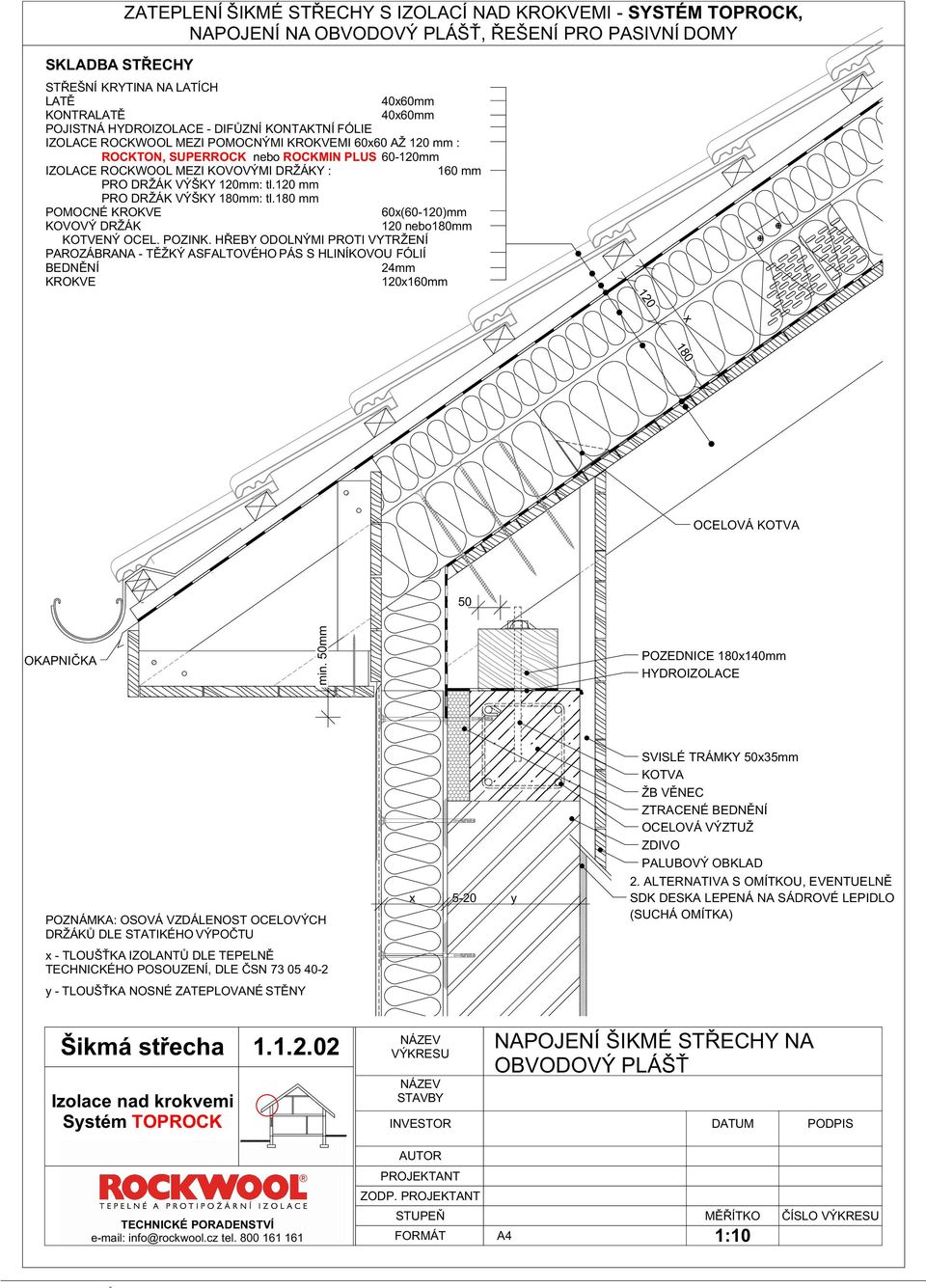 HŘEBY ODOLNÝMI PROTI VYTRŽENÍ - TĚŽKÝ ASFALTOVÉHO PÁS S HLINÍKOVOU FÓLIÍ BEDNĚNÍ 24mm 180 OCELOVÁ KOTVA 50 OKAPNIČKA POZEDNICE 180140mm HYDROIZOLACE POZNÁMKA: OSOVÁ VZDÁLENOST OCELOVÝCH DRŽÁKŮ DLE