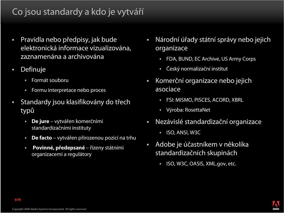 organizacemi a regulátory Národní úřady státní správy nebo jejich organizace FDA, BUND, EC Archive, US Army Corps Český normalizační institut Komerční organizace nebo jejich asociace