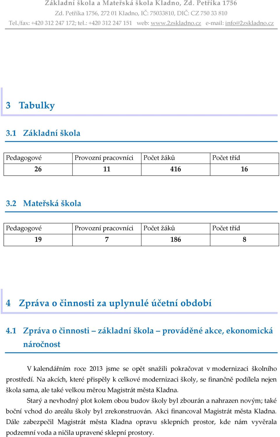 1 Zpráva o činnosti základní škola prováděné akce, ekonomická náročnost V kalendářním roce 2013 jsme se opět snažili pokračovat v modernizaci školního prostředí.