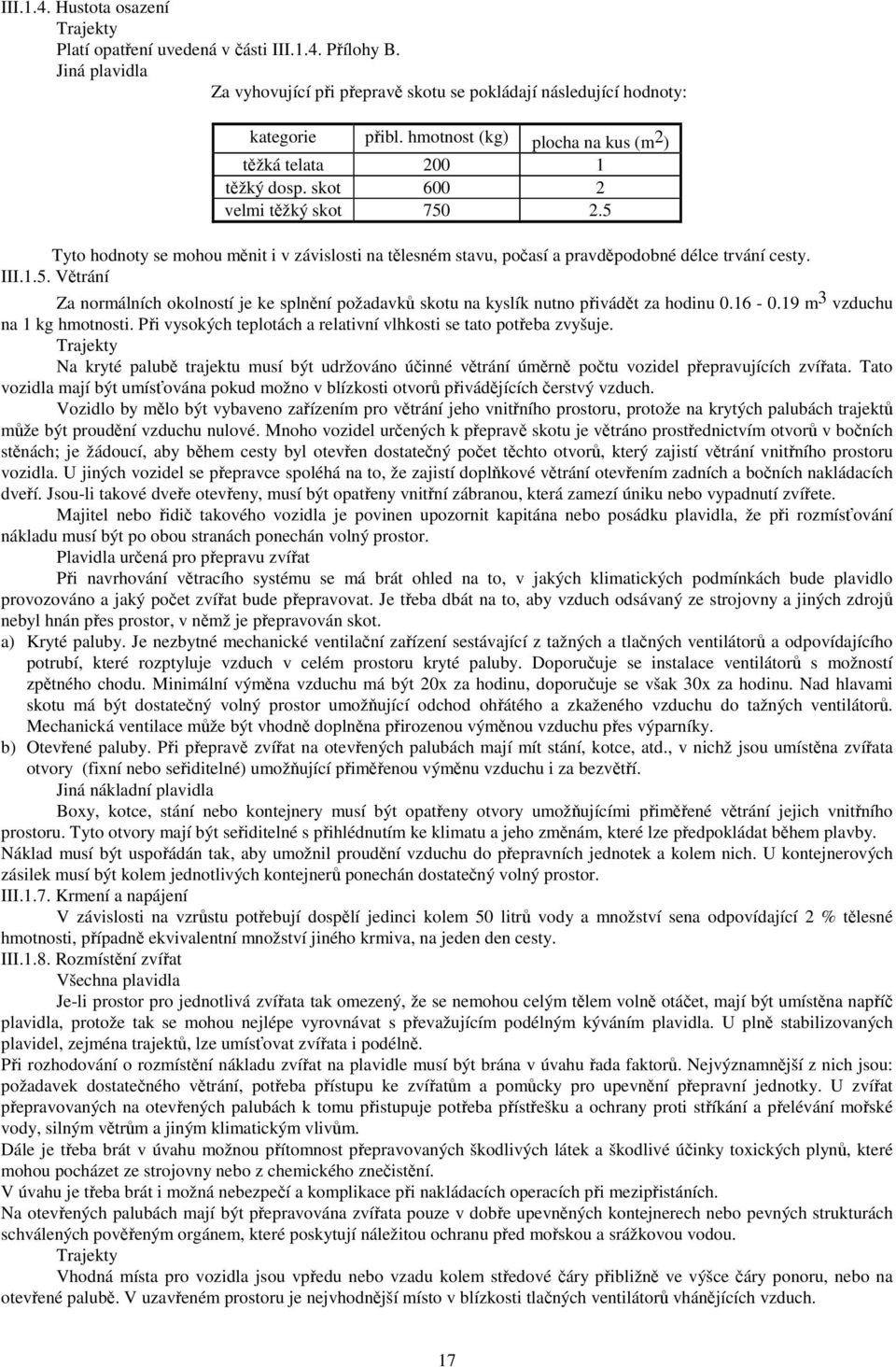 5 Tyto hodnoty se mohou měnit i v závislosti na tělesném stavu, počasí a pravděpodobné délce trvání cesty. III.1.5. Větrání Za normálních okolností je ke splnění požadavků skotu na kyslík nutno přivádět za hodinu 0.
