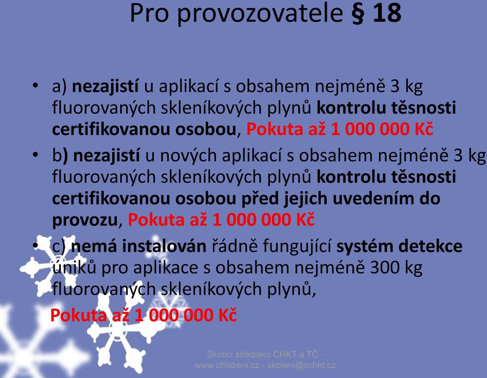 skleníkových plynů kontrolu těsnosti certifikovanou osobou před jejich uvedením do provozu, Pokuta až 1 000 000 Kč c) nemá