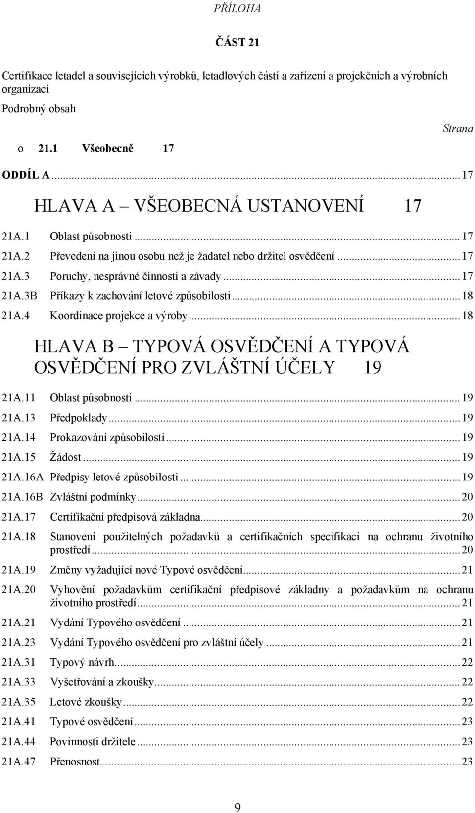 ..18 21A.4 Koordinace projekce a výroby...18 HLAVA B TYPOVÁ OSVĚDČENÍ A TYPOVÁ OSVĚDČENÍ PRO ZVLÁŠTNÍ ÚČELY 19 21A.11 Oblast působnosti...19 21A.13 Předpoklady...19 21A.14 Prokazování způsobilosti.