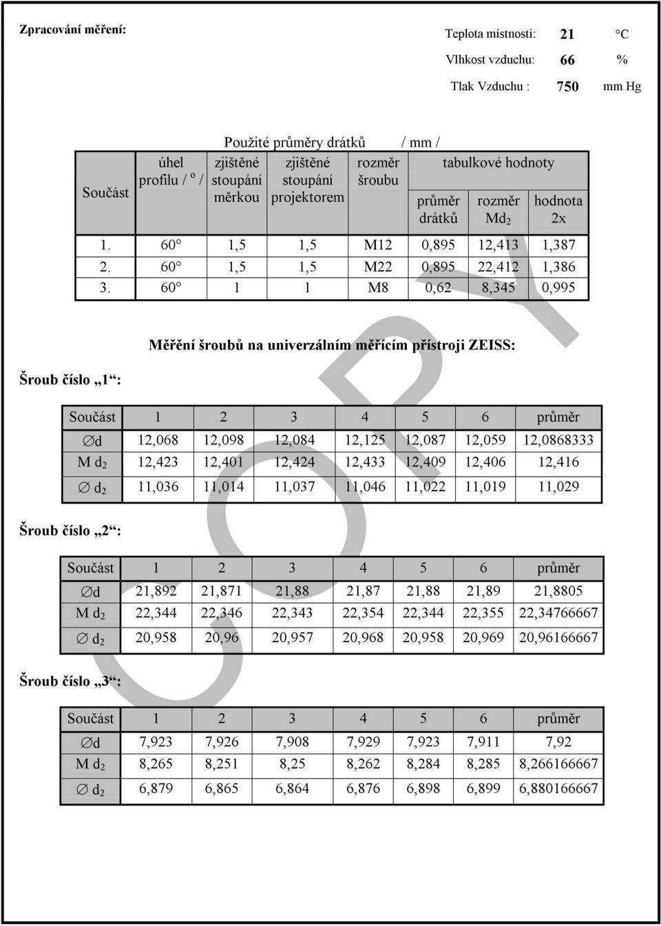 60 1 1 M8 0,62 8,345 0,995 Měřění šroubů na univerzálním měřícím přístroji ZEISS: Šroub číslo 2 : d 12,068 12,098 12,084 12,125 12,087 12,059 12,0868333 M d 2 12,423 12,401 12,424 12,433 12,409