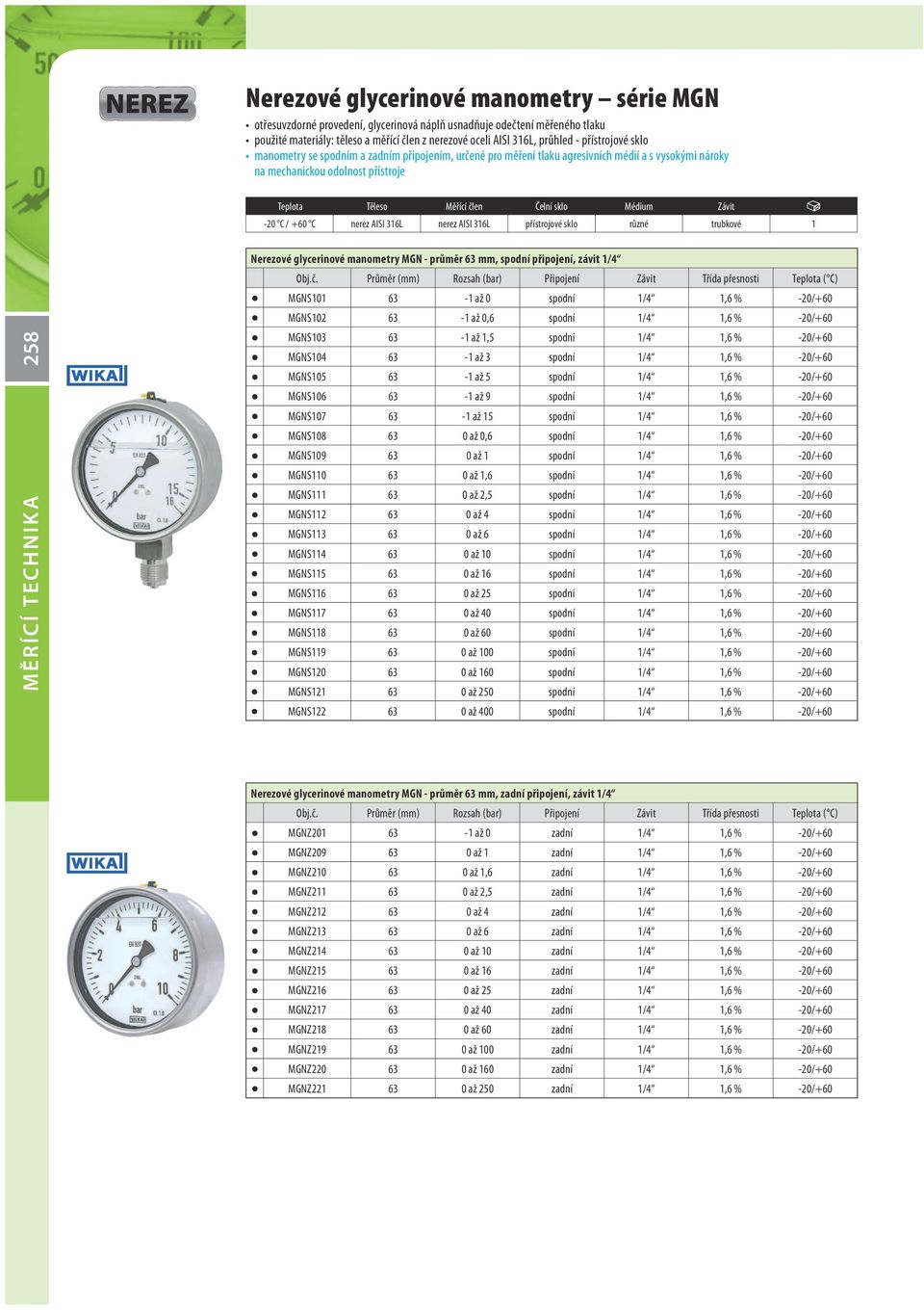 Médium Závit -20 C / +60 C nerez AISI 316L nerez AISI 316L přístrojové sklo různé trubkové 1 258 MĚRÍCÍ TECHNIK A Nerezové glycerinové manometry MGN - průměr 63 mm, spodní připojení, závit 1/4