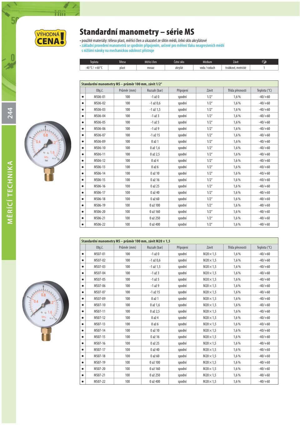 MĚRÍCÍ TECHNIK A Standardní manometry MS průměr 100 mm, závit 1/2 MS06-01 100-1 až 0 spodní 1/2 1,6 % -40/+60 MS06-02 100-1 až 0,6 spodní 1/2 1,6 % -40/+60 MS06-03 100-1 až 1,5 spodní 1/2 1,6 %