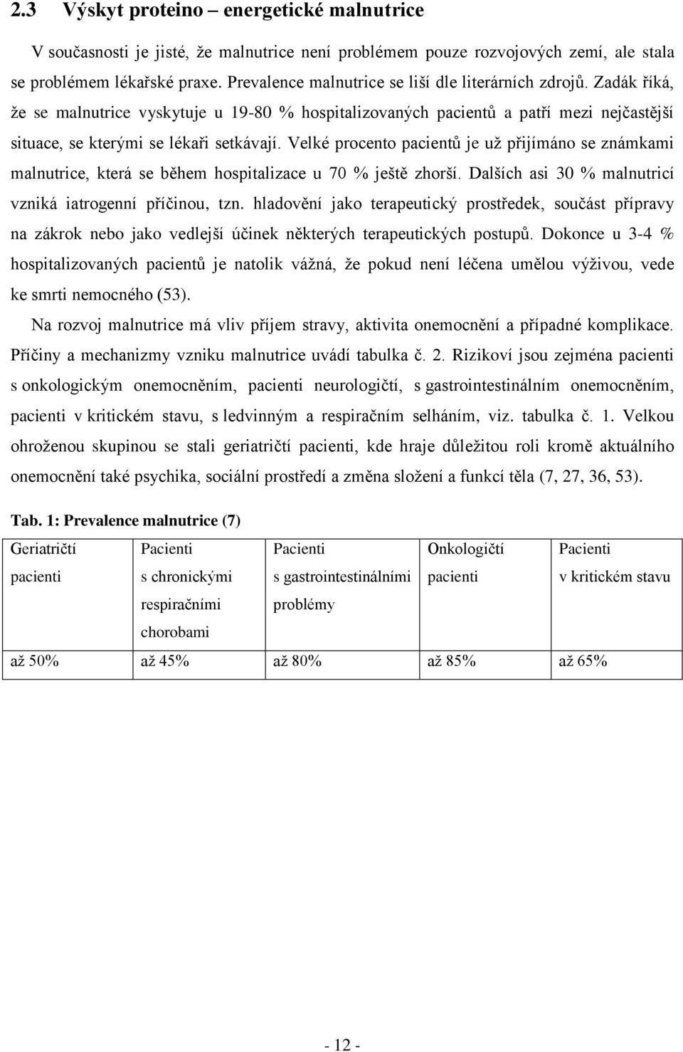 Velké procento pacientů je už přijímáno se známkami malnutrice, která se během hospitalizace u 70 % ještě zhorší. Dalších asi 30 % malnutricí vzniká iatrogenní příčinou, tzn.
