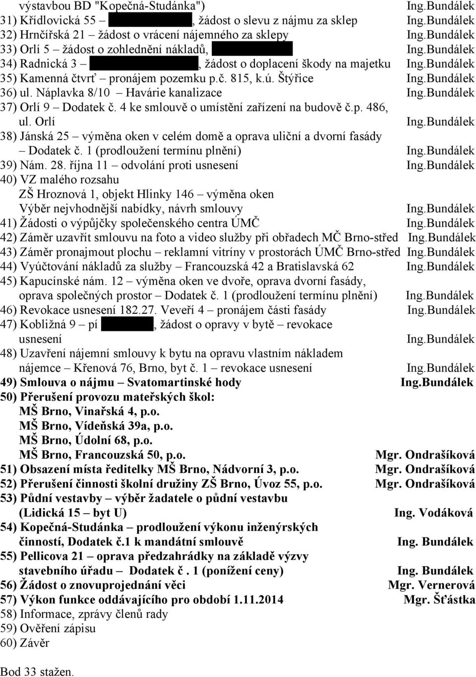 Bundálek 36) ul. Náplavka 8/10 Havárie kanalizace Ing.Bundálek 37) Orlí 9 Dodatek č. 4 ke smlouvě o umístění zařízení na budově č.p. 486, ul. Orlí Ing.