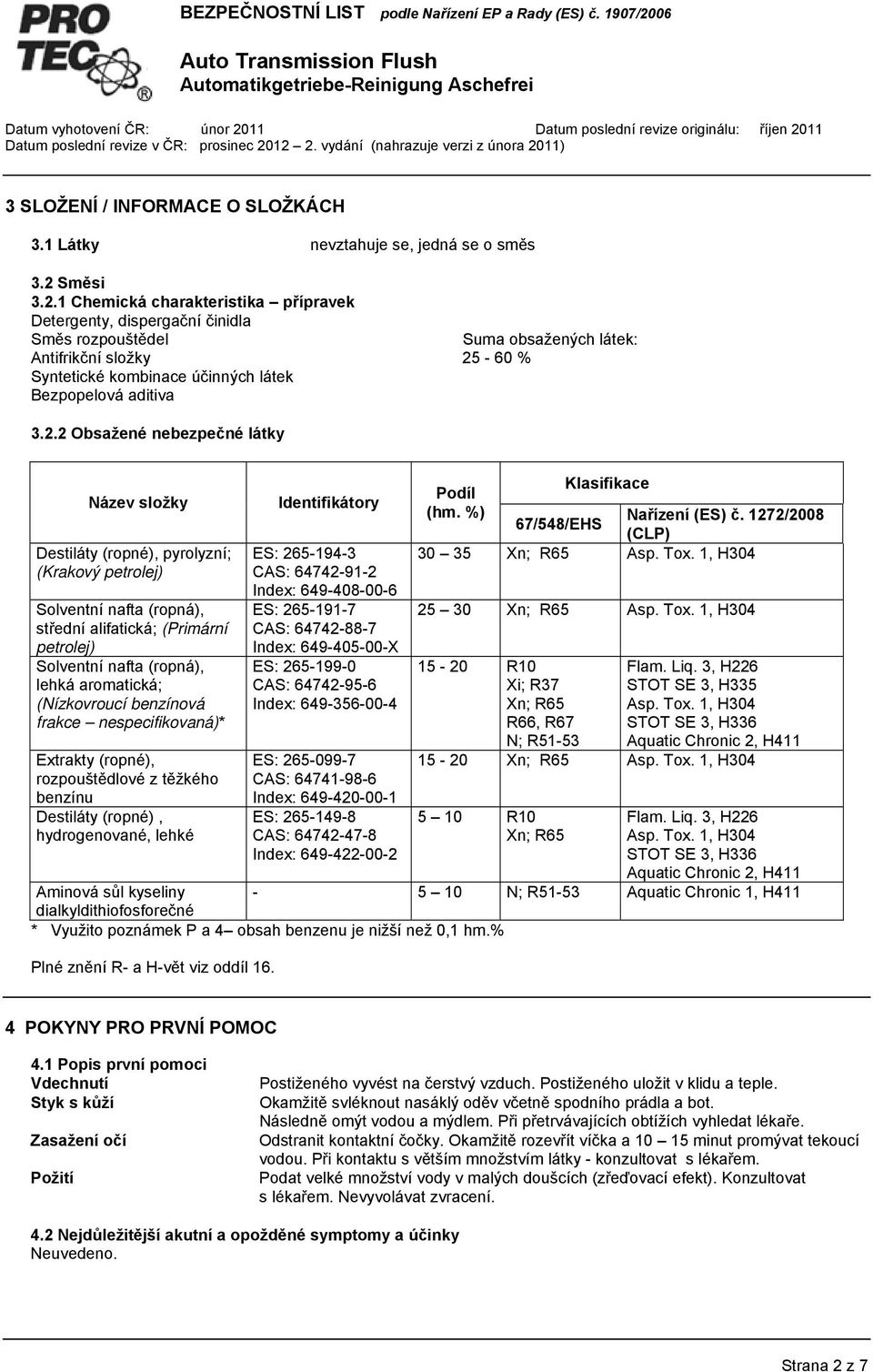 1 Chemická charakteristika přípravek Detergenty, dispergační činidla Směs rozpouštědel Suma obsažených látek: Antifrikční složky 25