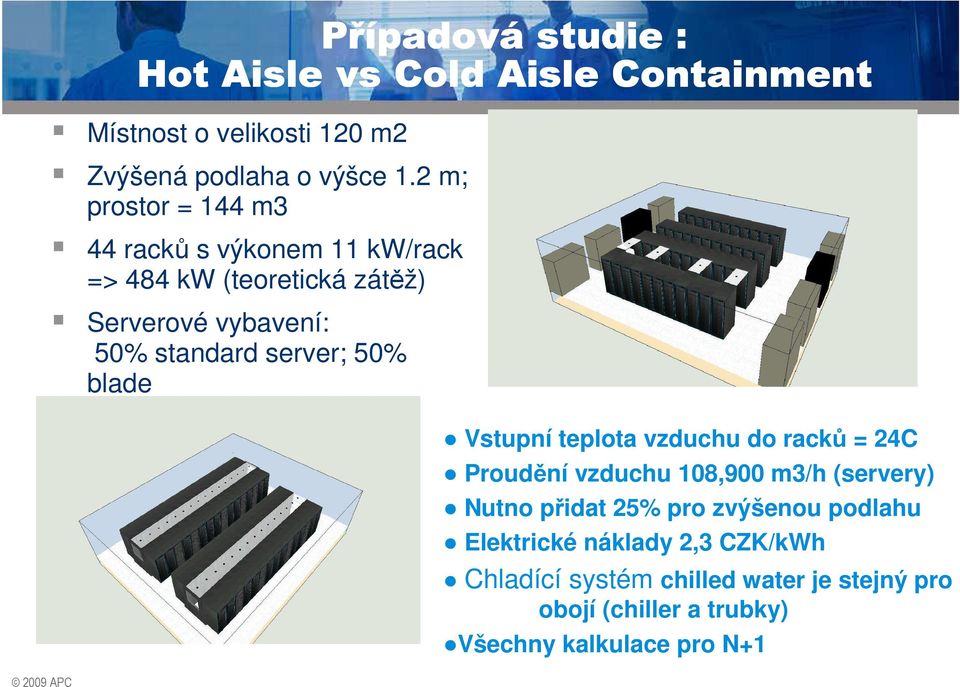 server; 50% blade Vstupní teplota vzduchu do racků = 24C Proudění vzduchu 108,900 m3/h (servery) Nutno přidat 25% pro