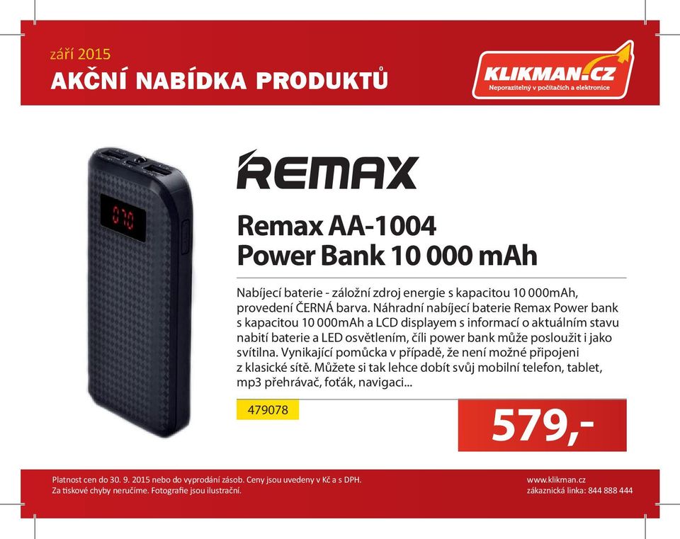 baterie a LED osvětlením, číli power bank může posloužit i jako svítilna.