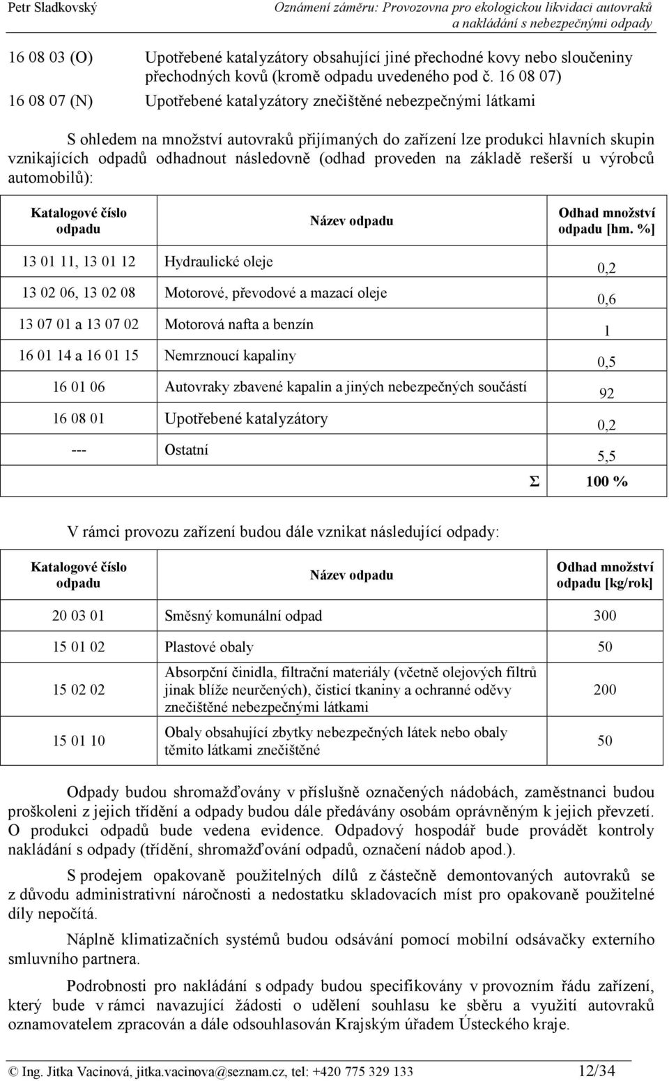 následovně (odhad proveden na základě rešerší u výrobců automobilů): Katalogové číslo odpadu Název odpadu Odhad množství odpadu [hm.