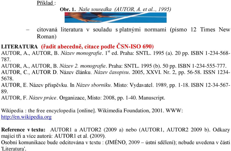 Název článku. Název časopisu. 2005, XXVI. Nr. 2, pp. 56-58. ISSN 1234-5678. AUTOR, E. Název příspěvku. In Název sborníku. Místo: Vydavatel. 1989, pp. 1-18. ISBN 12-34-567-89. AUTOR, F. Název práce.