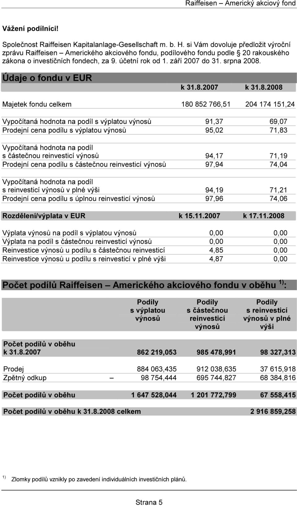 Údaje o fondu v EUR k 31.8.