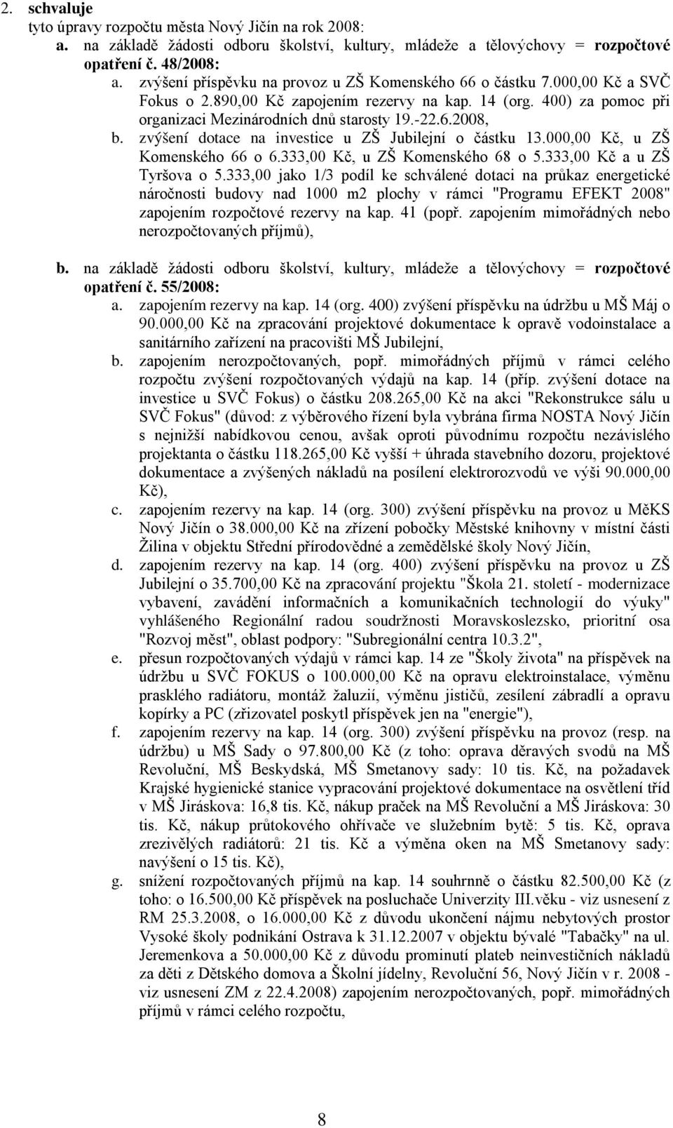 zvýšení dotace na investice u ZŠ Jubilejní o částku 13.000,00 Kč, u ZŠ Komenského 66 o 6.333,00 Kč, u ZŠ Komenského 68 o 5.333,00 Kč a u ZŠ Tyršova o 5.