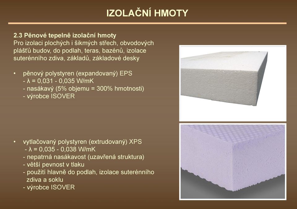 izolace suterénního zdiva, základů, základové desky pěnový polystyren (expandovaný) EPS - λ = 0,031-0,035 W/mK - nasákavý (5%