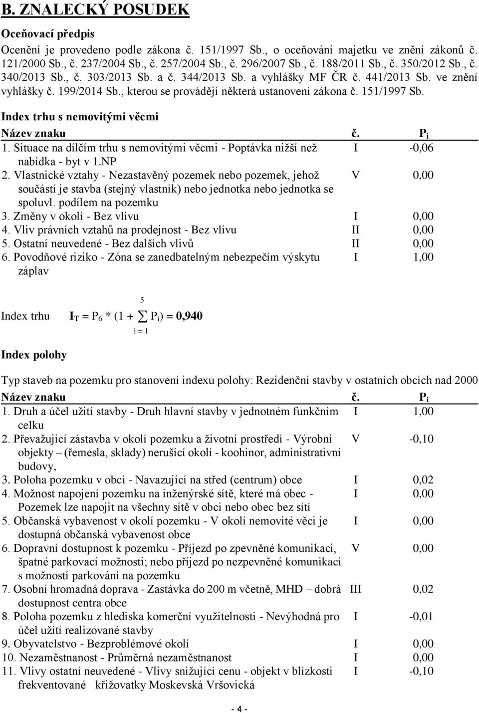 Index trhu s nemovitými věcmi Název znaku č. P i 1. Situace na dílčím trhu s nemovitými věcmi - Poptávka nižší než I -0,06 nabídka - byt v 1.NP 2.