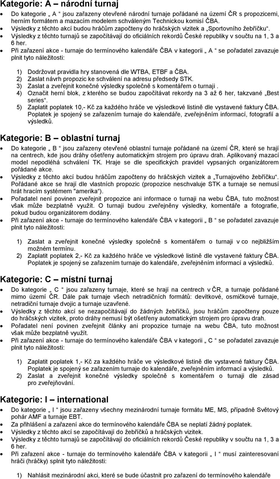 Při zařazení akce - turnaje do termínového kalendáře ČBA v kategorii A se pořadatel zavazuje 1) Dodržovat pravidla hry stanovená dle WTBA, ETBF a ČBA.