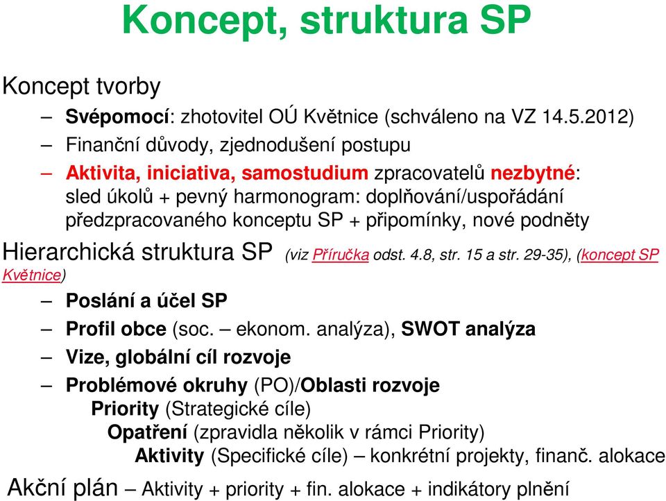 + připomínky, nové podněty Hierarchická struktura SP (viz Příručka odst. 4.8, str. 15 a str. 29-35), (koncept SP Květnice) Poslání a účel SP Profil obce (soc. ekonom.