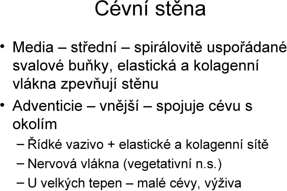 spojuje cévu s okolím Řídké vazivo + elastické a kolagenní sítě