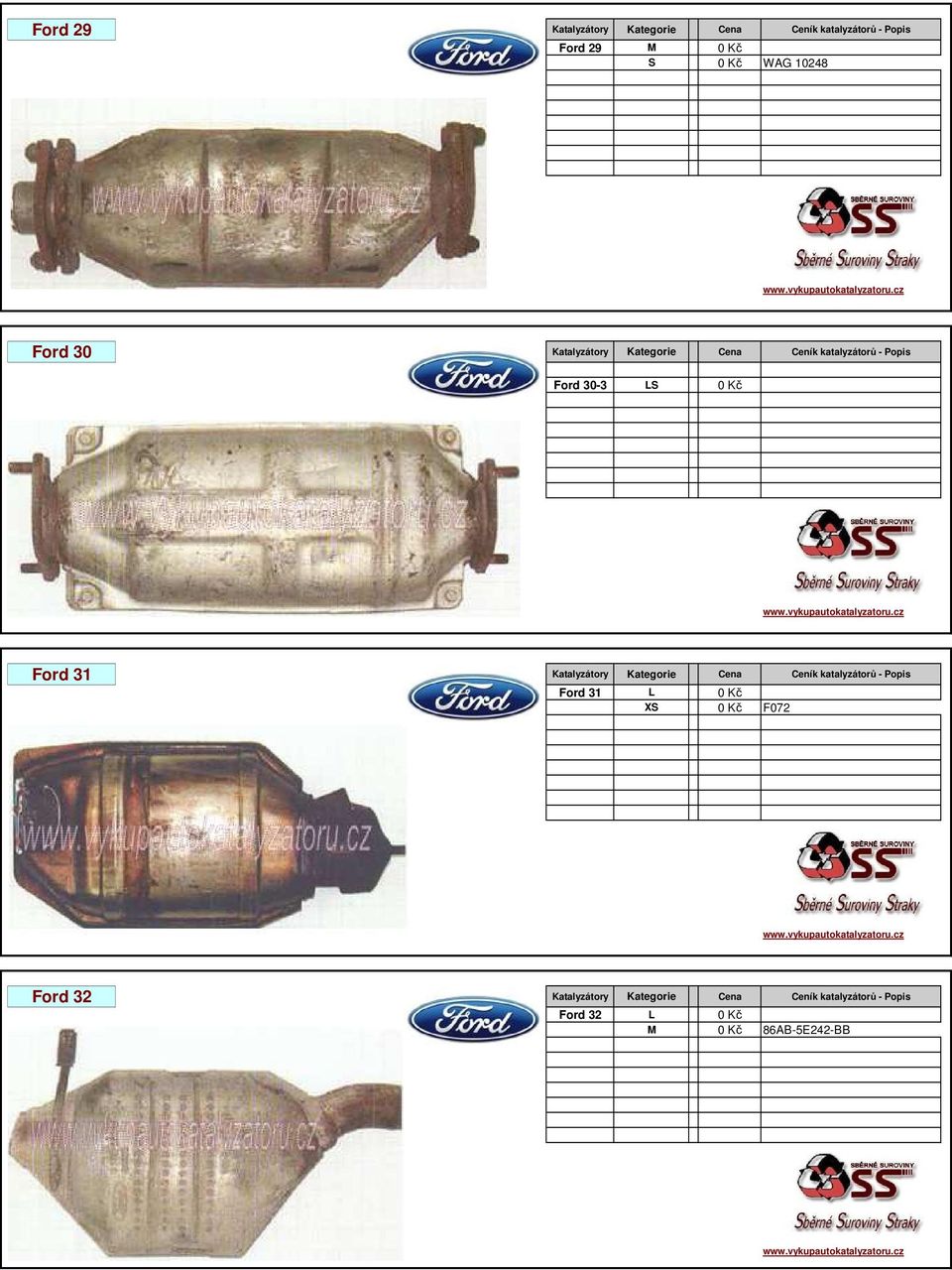 31 Katalyzátory Kategorie Cena Ceník katalyzátorů - Popis Ford 31 L 0 Kč XS 0 Kč F072 Ford