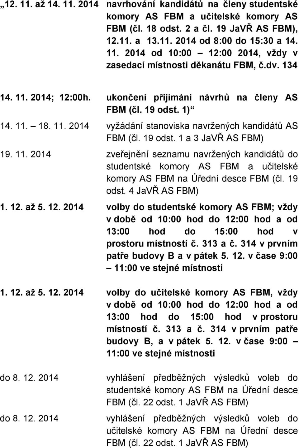 19 odst. 4 JaVŘ AS FBM) 1. 12. až 5. 12. 2014 volby do studentské komory AS FBM; vždy v době od 10:00 hod do 12:00 hod a od 13:00 hod do 15:00 hod v prostoru místností č. 313 a č.