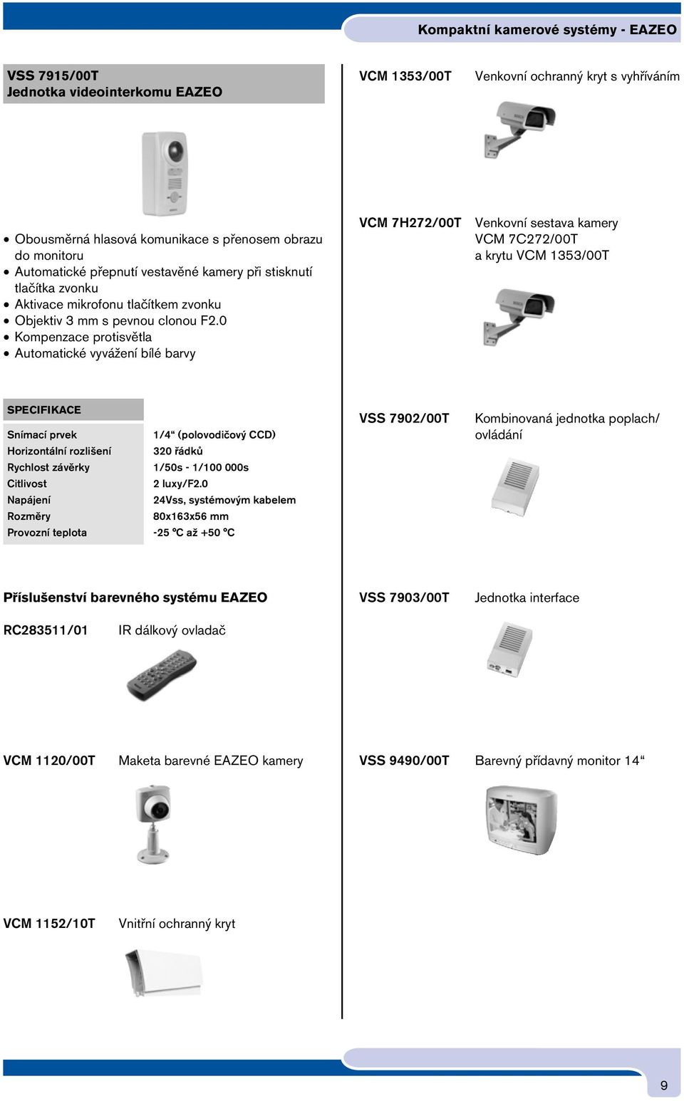 0 Kompenzace protisvětla Automatické vyvážení bílé barvy VCM 7H272/00T Venkovní sestava kamery VCM 7C272/00T a krytu VCM 1353/00T Snímací prvek 1/4 (polovodičový CCD) Horizontální rozlišení 320 řádků
