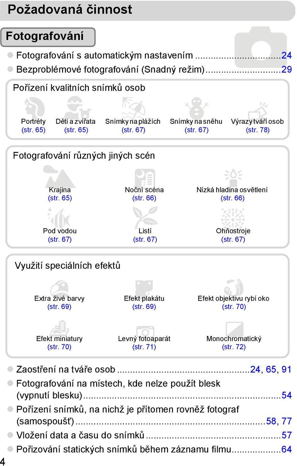 67) Noční scéna (str. 66) OListí (str. 67) Nízká hladina osvětlení (str. 66) t Ohňostroje (str. 67) Využití speciálních efektů Extra živé barvy (str. 69) Efekt plakátu (str.