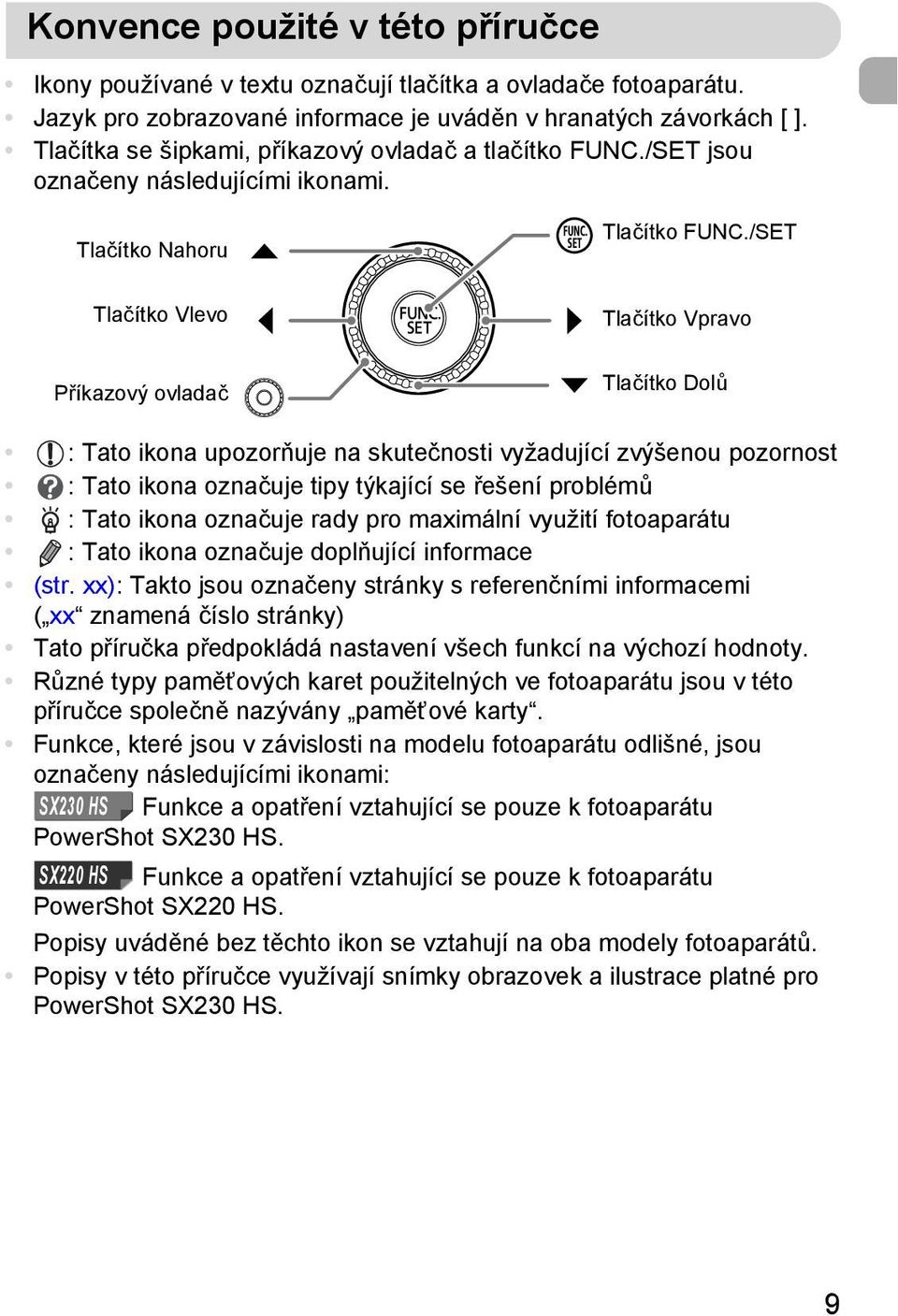 /SET Tlačítko Vlevo Příkazový ovladač Tlačítko Vpravo Tlačítko Dolů : Tato ikona upozorňuje na skutečnosti vyžadující zvýšenou pozornost : Tato ikona označuje tipy týkající se řešení problémů : Tato