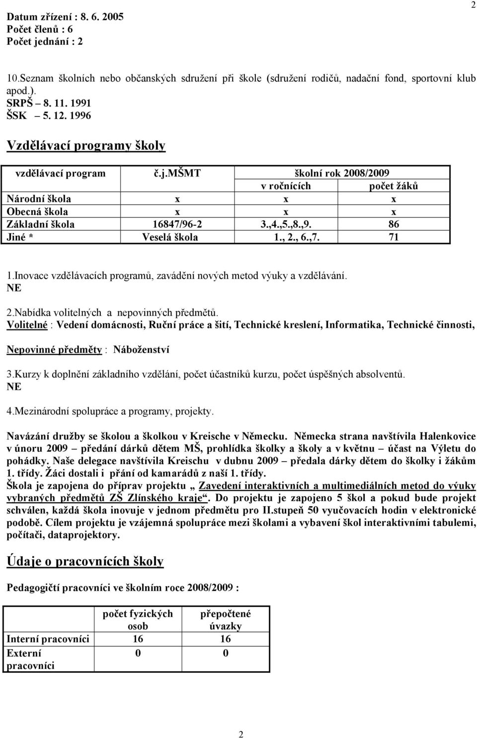 , 6.,7. 71 1.Invace vzdělávacích prgramů, zavádění nvých metd výuky a vzdělávání. NE 2.Nabídka vlitelných a nepvinných předmětů.