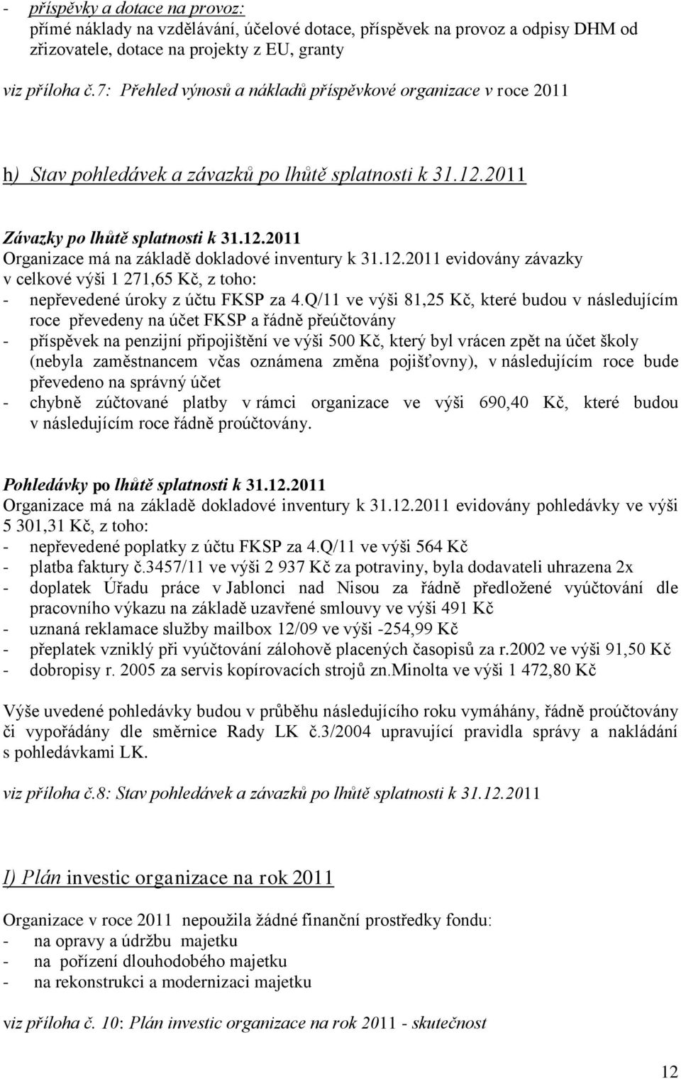 12.2011 evidovány závazky v celkové výši 1 271,65 Kč, z toho: - nepřevedené úroky z účtu FKSP za 4.