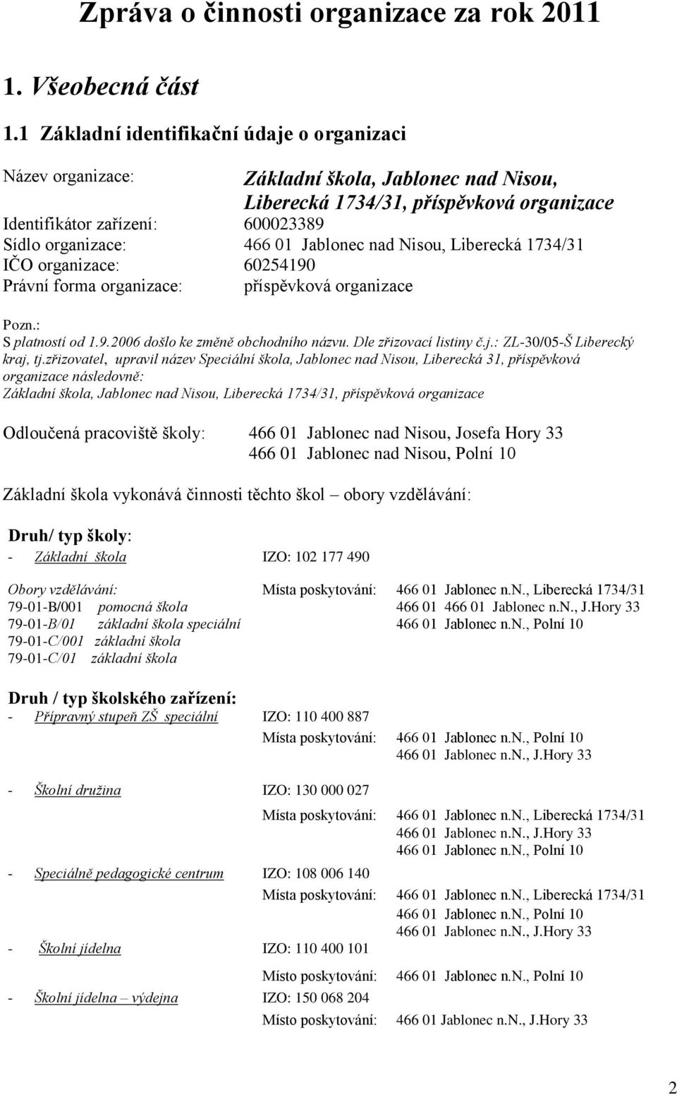 Jablonec nad Nisou, Liberecká 1734/31 IČO organizace: 60254190 Právní forma organizace: příspěvková organizace Pozn.: S platností od 1.9.2006 došlo ke změně obchodního názvu. Dle zřizovací listiny č.
