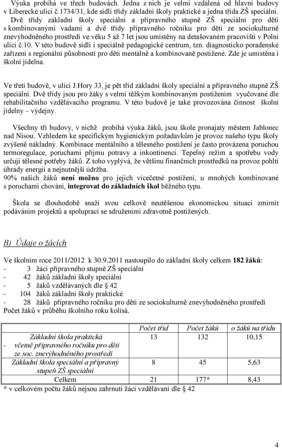 let jsou umístěny na detašovaném pracovišti v Polní ulici č.10. V této budově sídlí i speciálně pedagogické centrum, tzn.