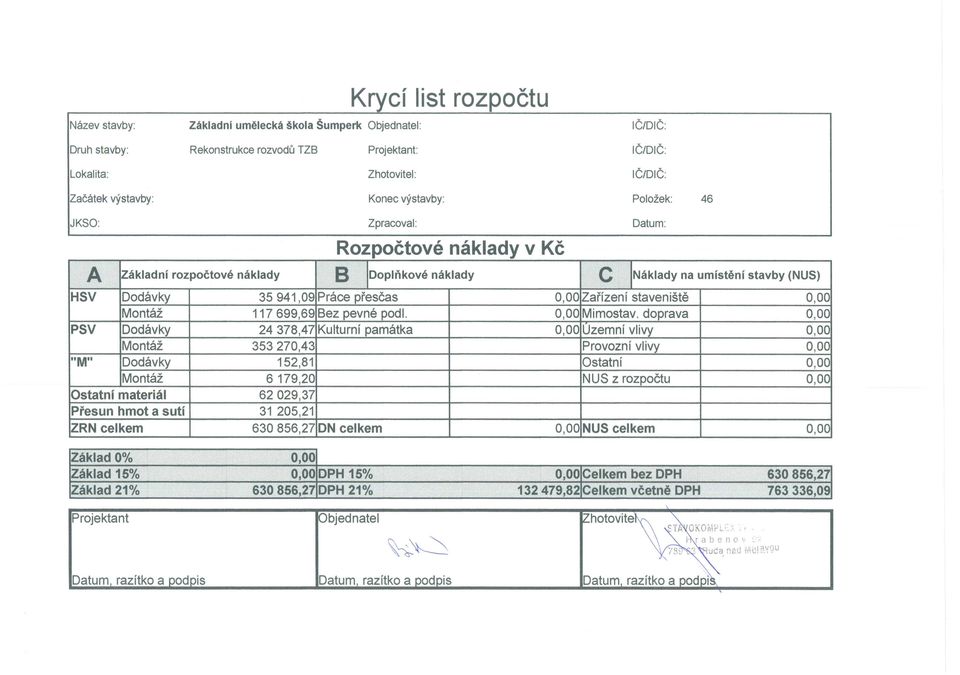 doprava 0,00 PSV Dodavky 24378,47 Kulturni pam atka 0,00 Uzemni vlivy 0,00 Montai: 353270,43 Provozni vlivy 0,00 "M" Dodavky 152,81 Ostatni 0,00 Montai: 6179,20 NUS z rozpoctu 0,00 Ostatnf
