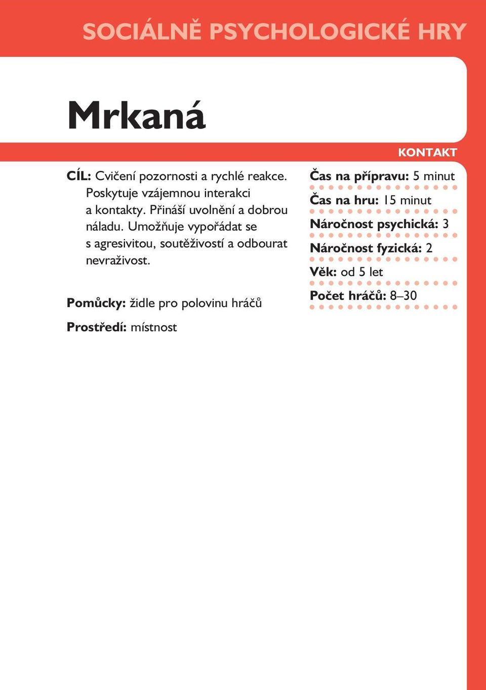 Pomůcky: židle pro polovinu hráčů Prostředí: místnost KONTAKT Čas na přípravu: 5 minut Čas na hru: 15 minut