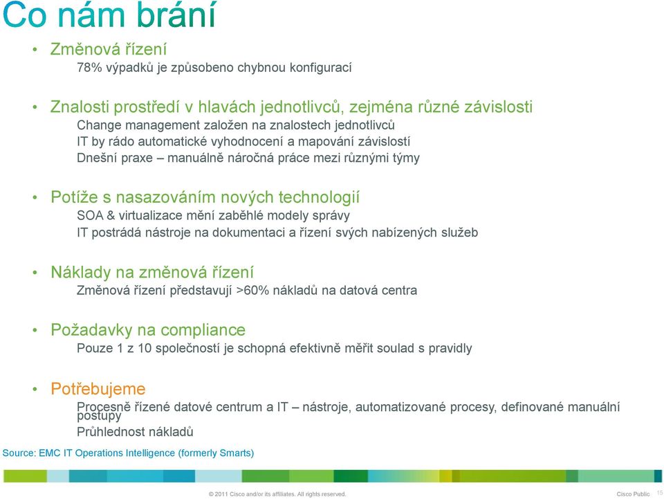 nástroje na dokumentaci a řízení svých nabízených služeb Náklady na změnová řízení Změnová řízení představují >60% nákladů na datová centra Požadavky na compliance Pouze 1 z 10 společností je schopná