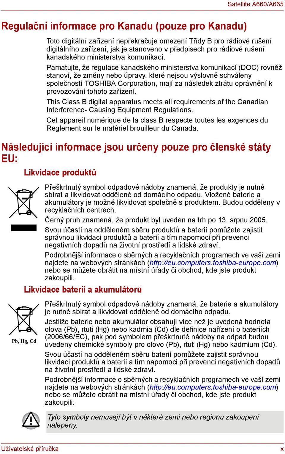 Pamatujte, že regulace kanadského ministerstva komunikací (DOC) rovněž stanoví, že změny nebo úpravy, které nejsou výslovně schváleny společností TOSHIBA Corporation, mají za následek ztrátu