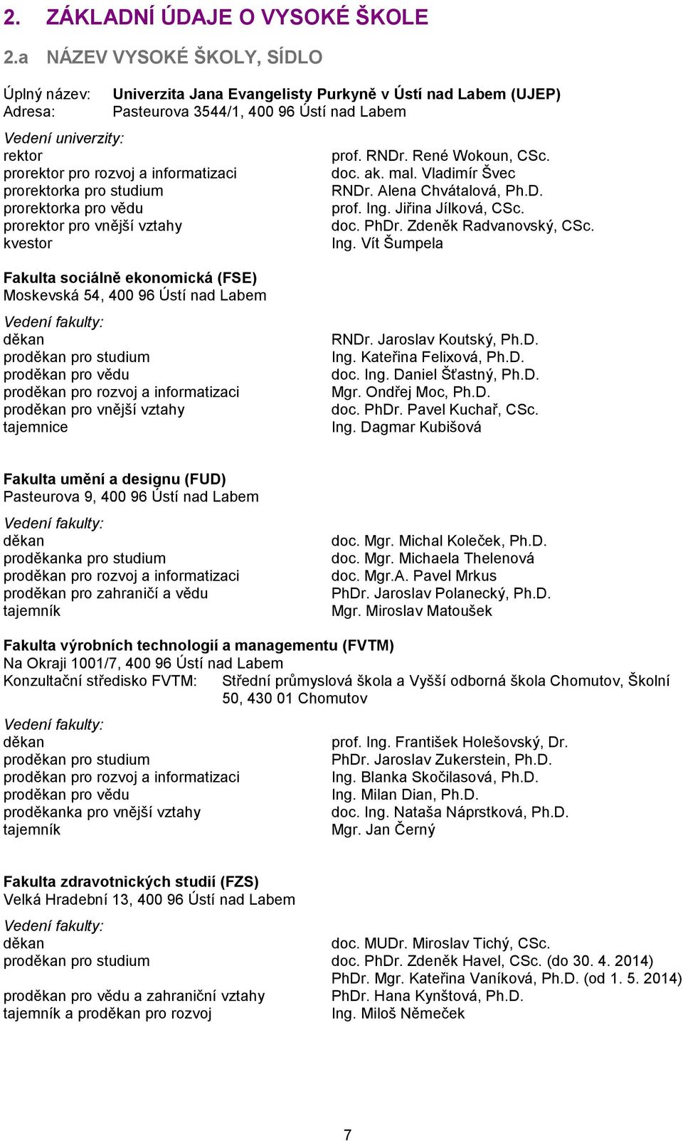 René Wokoun, CSc. prorektor pro rozvoj a informatizaci doc. ak. mal. Vladimír Švec prorektorka pro studium RNDr. Alena Chvátalová, Ph.D. prorektorka pro vědu prof. Ing. Jiřina Jílková, CSc.