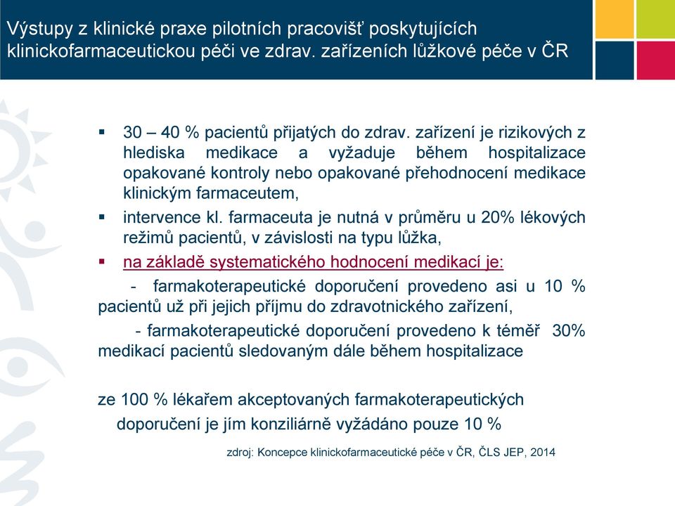 farmaceuta je nutná v průměru u 20% lékových režimů pacientů, v závislosti na typu lůžka, na základě systematického hodnocení medikací je: - farmakoterapeutické doporučení provedeno asi u 10 %