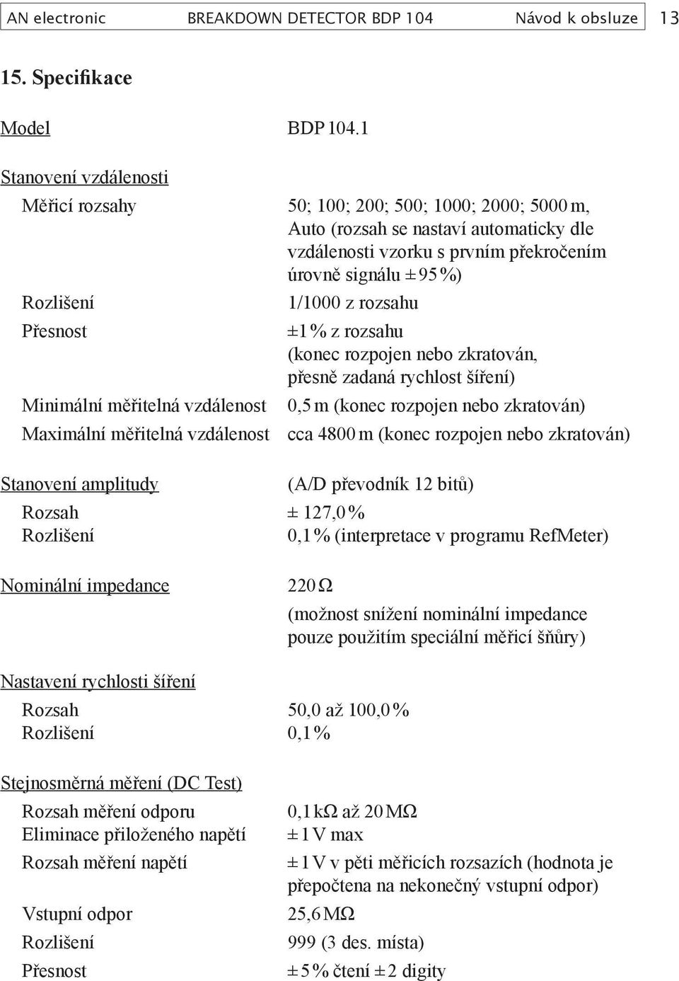Minimální měřitelná vzdálenost 1/1000 z rozsahu ±1 % z rozsahu (konec rozpojen nebo zkratován, přesně zadaná rychlost šíření) 0,5 m (konec rozpojen nebo zkratován) Maximální měřitelná vzdálenost cca