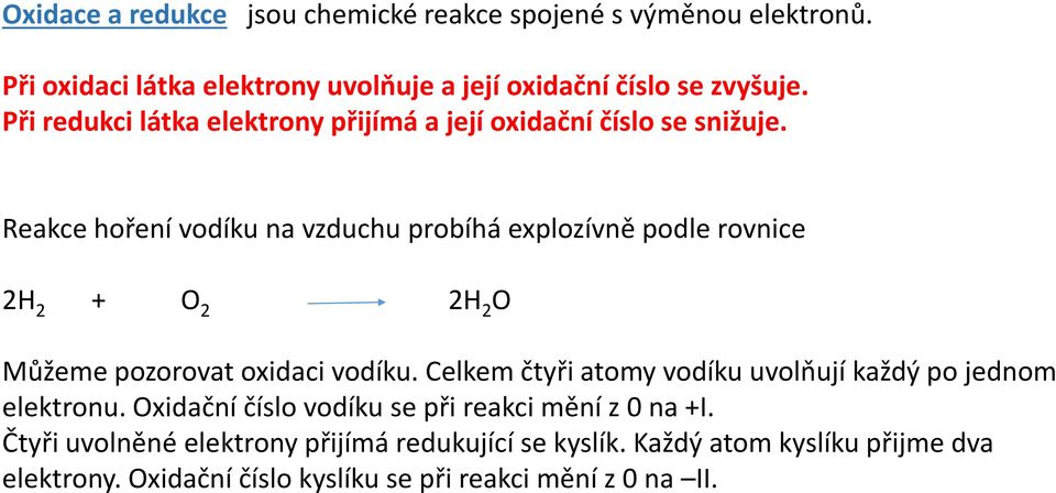 Reakce hoření vodíku na vzduchu probíhá explozívně podle rovnice 2H 2 + O 2 2H 2 O Můžeme pozorovat oxidaci vodíku.