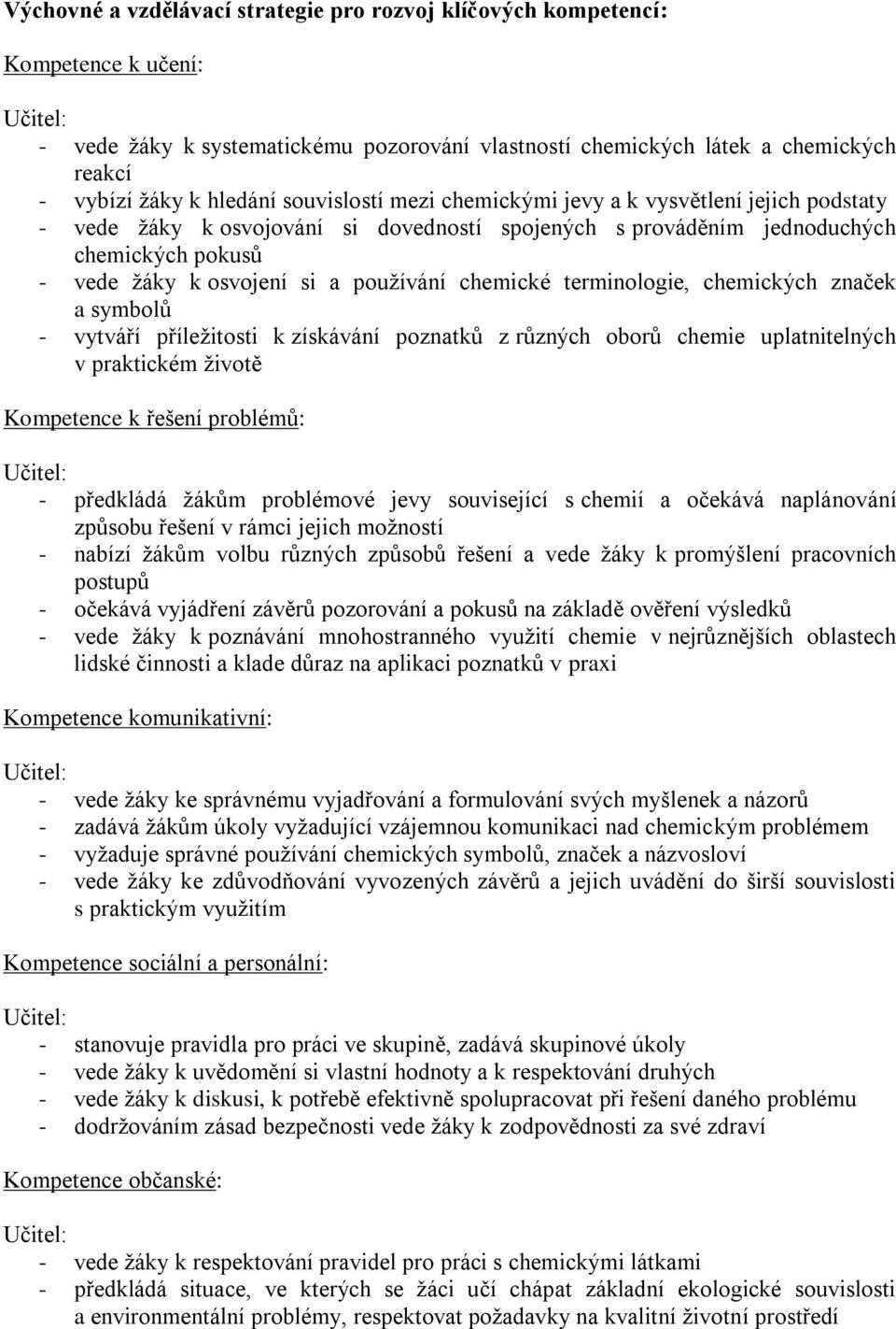 chemické terminologie, chemických značek a symbolů - vytváří příležitosti k získávání poznatků z různých oborů chemie uplatnitelných v praktickém životě Kompetence k řešení problémů: - předkládá