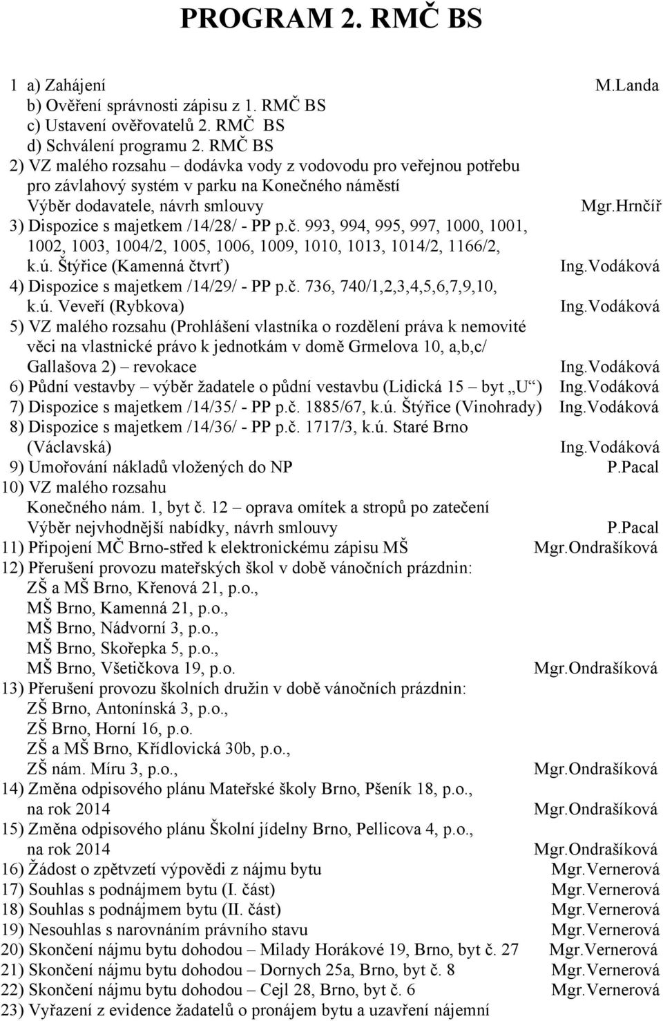 Hrnčíř 3) Dispozice s majetkem /14/28/ - PP p.č. 993, 994, 995, 997, 1000, 1001, 1002, 1003, 1004/2, 1005, 1006, 1009, 1010, 1013, 1014/2, 1166/2, k.ú. Štýřice (Kamenná čtvrť) Ing.