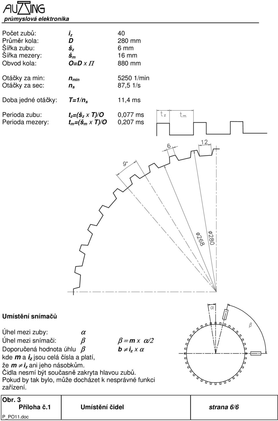 snímačů Úhel mezi zuby: α Úhel mezi snímači: β β = m x α/2 Doporučená hodnota úhlu β b i z x α kde m a i z jsou celá čísla a platí, že m i z ani jeho