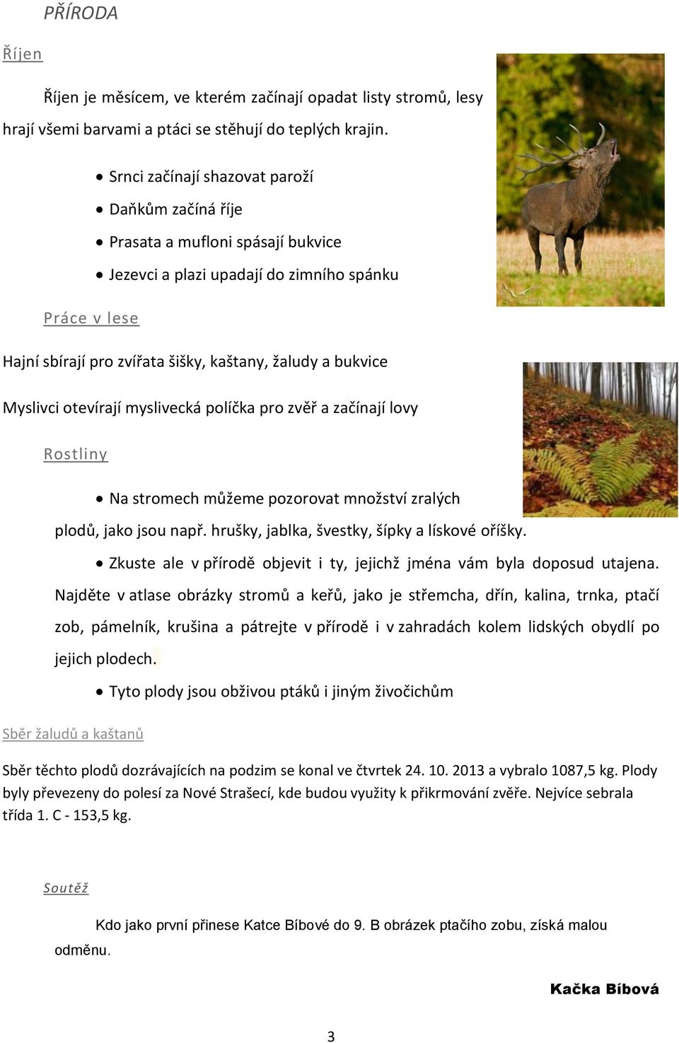 Myslivci otevírají myslivecká políčka pro zvěř a začínají lovy Rostliny Na stromech můžeme pozorovat množství zralých plodů, jako jsou např. hrušky, jablka, švestky, šípky a lískové oříšky.