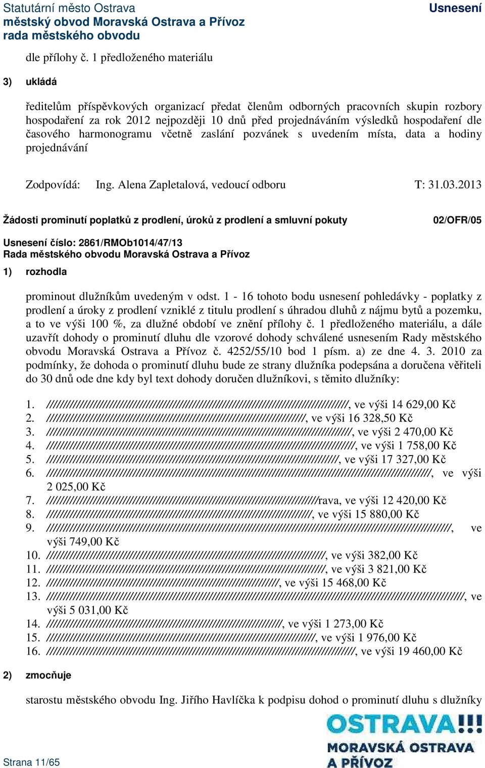 hospodaření dle časového harmonogramu včetně zaslání pozvánek s uvedením místa, data a hodiny projednávání Zodpovídá: Ing. Alena Zapletalová, vedoucí odboru T: 31.03.