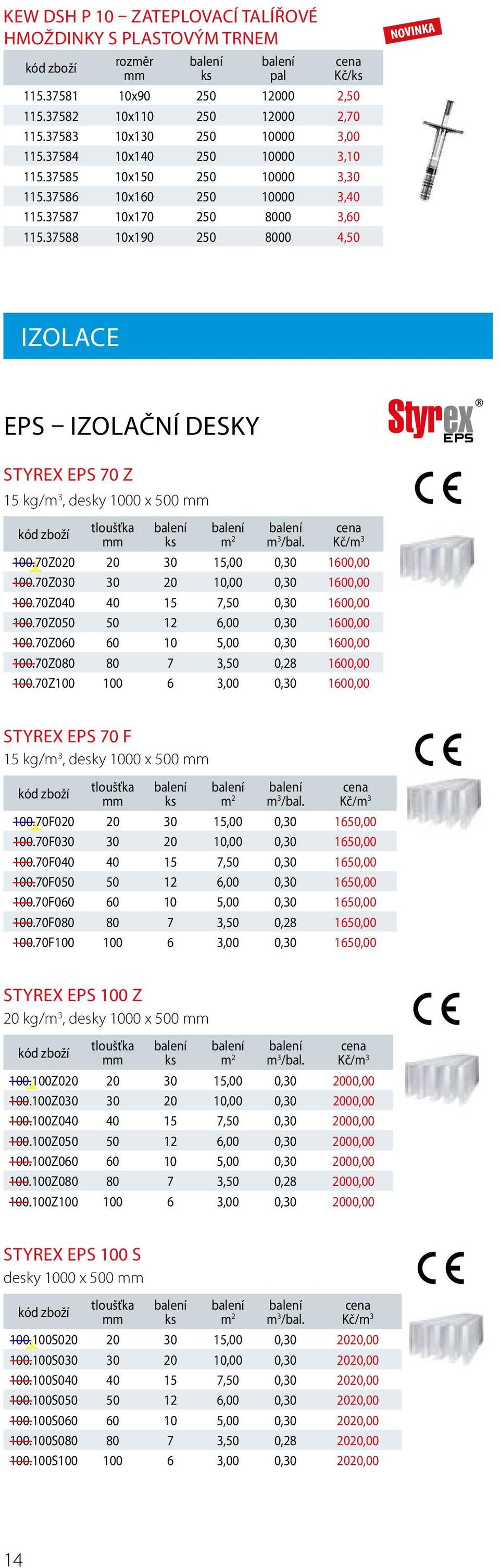 37588 10x190 250 8000 4,50 IZOLACE EPS IZOLAČNÍ DESKY STYREX EPS 70 Z 15 kg/ 3, desky 1000 x 500 tloušťka 2 3 /bal. Kč/ 3 100.70Z020 20 30 15,00 0,30 1600,00 100.70Z030 30 20 10,00 0,30 1600,00 100.
