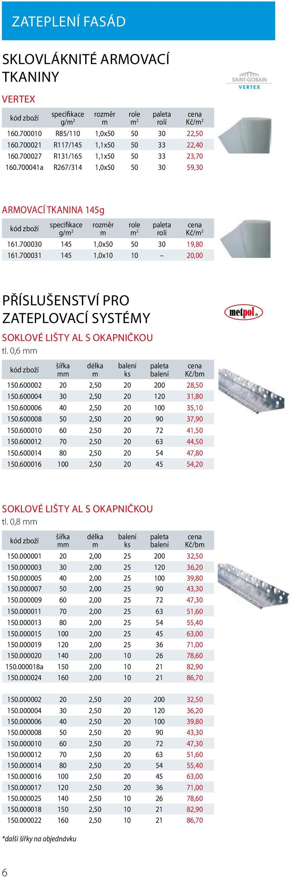 700031 145 1,0x10 10 20,00 PŘÍSLUŠENSTVÍ PRO ZATEPLOVACÍ SYSTÉMY SOKLOVÉ LIŠTY AL S OKAPNIČKOU tl. 0,6 šířka Kč/b 150.600002 20 2,50 20 200 28,50 150.600004 30 2,50 20 120 31,80 150.